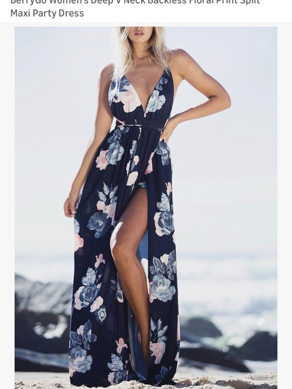 Bohemian Floral Navy Maxi Party Dress with Cross-Back Straps - Picture 2 of 5